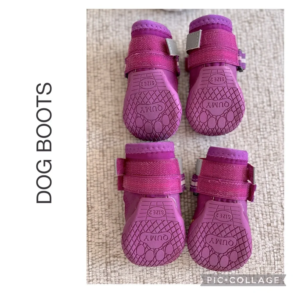 QUMY Dog Boots Waterproof Anti-Slip Reflective Shoes Purple Size 2 4-Pack + Free